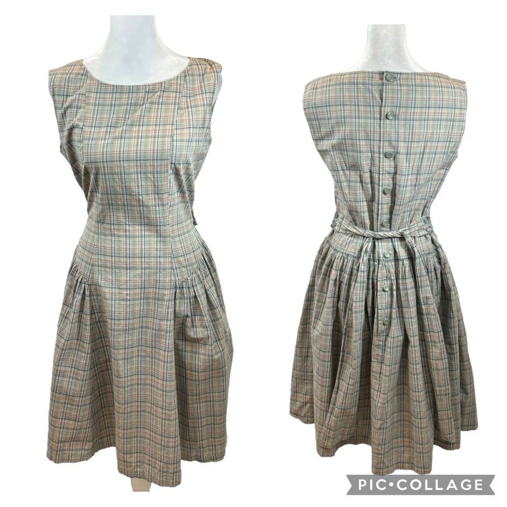 L’est‎ Rose Plaid Cottage Core Fit and Flare Button Back Dress Size Large